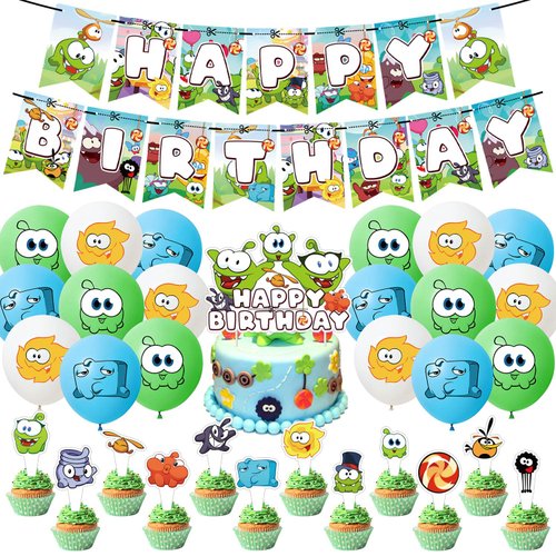 Om Nom Birthday Party Decorations, 33pcs Cut The Rope Party Supplies with Happy Birthday banner, Cupcake Toppers, Balloons for Om Nom Theme Kids Birthday Shower Party