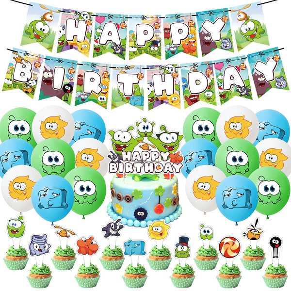 Om Nom Birthday Party Decorations, 33pcs Cut The Rope Party Supplies with Happy Birthday banner, Cupcake Toppers, Balloons for Om Nom Theme Kids Birthday Shower Party