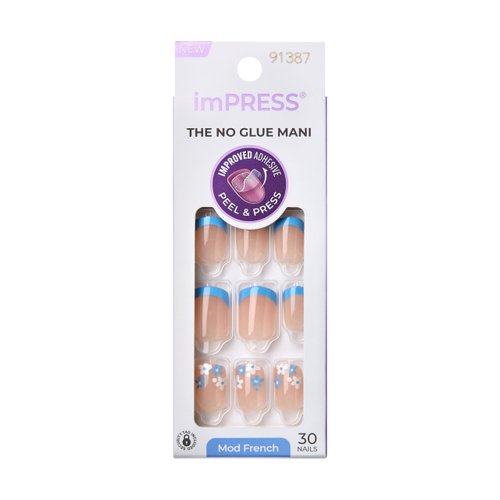 KISS imPRESS No Glue Mani Press-On Nails, French, Snooze', Light Neutral + Blue Tip French, Short Size, Squoval Shape, Includes 30 Nails, Prep Pad, Instructions Sheet, 1 Manicure Stick, 1 Mini File