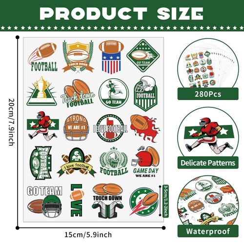 280 Pcs Football Temporary Tattoos Football Face Body Stickers Touch Down Favors Tattoos Removable Temporary Tattoo Stickers for Sports Event Game Football Supplies for Kids Adults Party Decorations