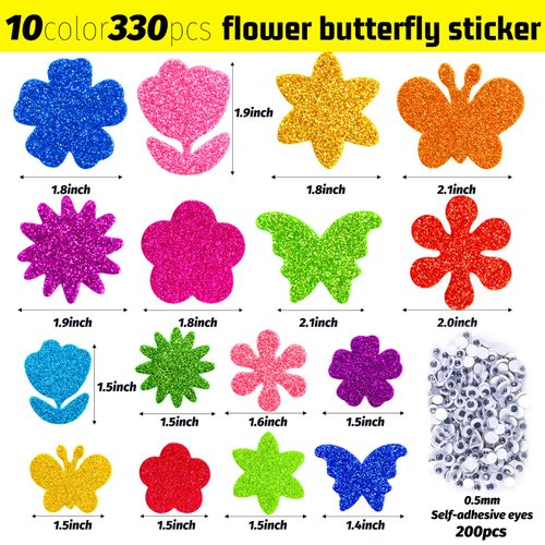 Natonhi 330pcs Glitter Flower Stickers 10 Colors Foam Flower Stickers and Butterfly Stickers with 200 Self-Adhesive Eyes Kid Preschool Activity DIY Arts Craft Supplies for Greeting Cards Decoration