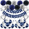 ZERODECO Birthday Decorations for Men, Navy Blue Birthday Party Decorations Happy Birthday Banner Pompoms Balloon for Boys Girls Men Women Birthday Party Decorations Supplies - Navy Blue Black Silver