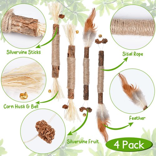 4 Pack Natural Silvervine Sticks, Catnip Toy Cat Chews Stick Toys for Indoor Cats Kitten, Teeth Molar Cleaning Relieve Interactive Silvervine Cat Nips Toy with Bell, Reduce Boredom Cats Accessories