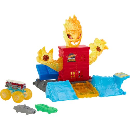 Hot Wheels Monster Trucks Toy Playset, 1:64 Scale 5-Alarm Firetruck Battles The Fire Monster for a Funny Reveal, 2 Crushed Cars, Power Smashers