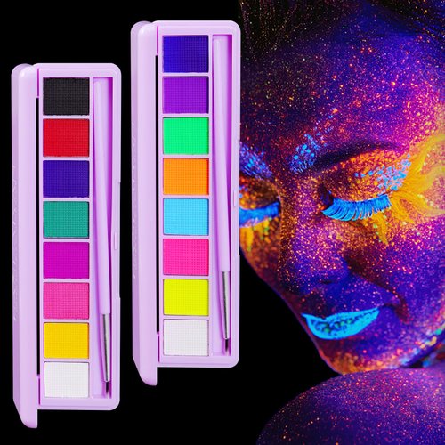 2Pack Water Activated Eyeliner Palette,Matte & UV Glow Graphic Eyeliner,Rainbow Colorful Eye Liner with Eyeliner Brush,Neon Face Paint Makeup Palette,Fluorescent Black White Body Paint,16 Colors