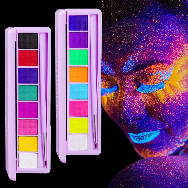 2Pack Water Activated Eyeliner Palette,Matte & UV Glow Graphic Eyeliner,Rainbow Colorful Eye Liner with Eyeliner Brush,Neon Face Paint Makeup Palette,Fluorescent Black White Body Paint,16 Colors