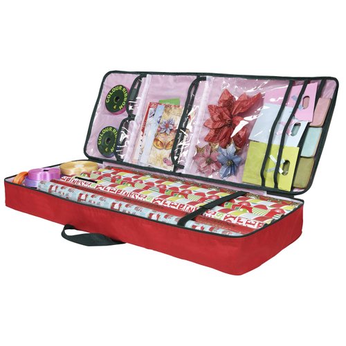 Primode Christmas Wrapping Paper Storage Bag with Pockets | Gift Wrap Organizer Container | 37” x 14” x 4” | Underbed Durable Box Made of 600D Oxford Material (Red)