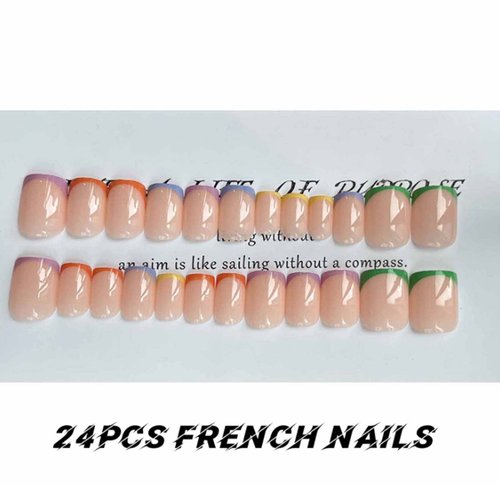 Hkanlre Short Press on Nails French Fake Nails Acrylic Candy Square False Nails Full Cover Nails for Women and Girls 24PCS