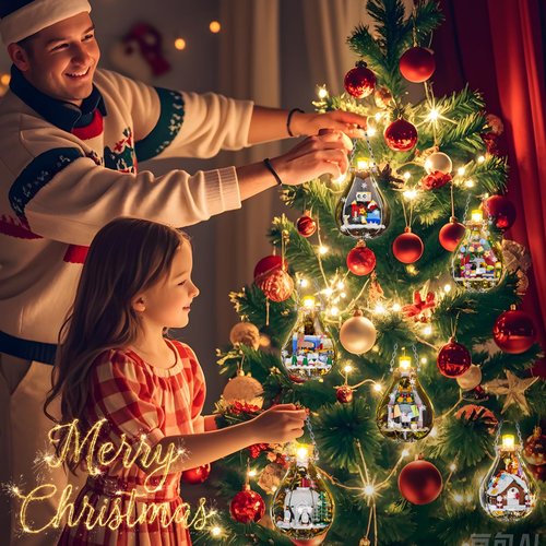 itshWOee Christmas Ornaments Building Set with Light, 6 Pack Christmas Tree Décor with Santa Claus Elk Nutcracker Penguin Building Toys, Christmas Party Gifts for Kids Boys and Girls Aged 6+