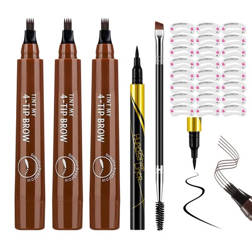 Microblading Eyebrow Pencil,Waterproof Smudge-proof Brow Pencil for Women,Long Lasting Highly Pigmented Eyeliner Pencil & Eyebrow Pen Makeup Kit with Dual-ended Eyebrow Brush and 24 Eyebrow Stencils