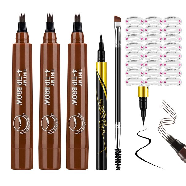 Microblading Eyebrow Pencil,Waterproof Smudge-proof Brow Pencil for Women,Long Lasting Highly Pigmented Eyeliner Pencil & Eyebrow Pen Makeup Kit with Dual-ended Eyebrow Brush and 24 Eyebrow Stencils