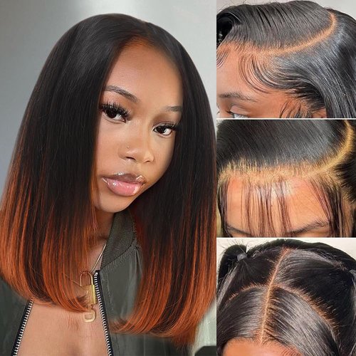 Highlight 4x4 HD Lace Front Wigs Ombre 1B/350 Black to Ginger Orange Human Hair Bob Wigs Colored Lace Closure Wigs for Women Glueless Pre Plucked 180% Density Straight Short Bob Wig 12 Inch