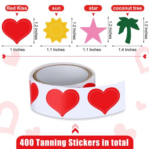 400 Pieces Tanning Bed Stickers for Body Heart Labels Stickers Body Stickers Perforated Self Adhesive Small Sun Tan Stickers for Tanning, 100 Pieces Per Roll, 1.2 x 0.8 Inches (Funny Pattern)