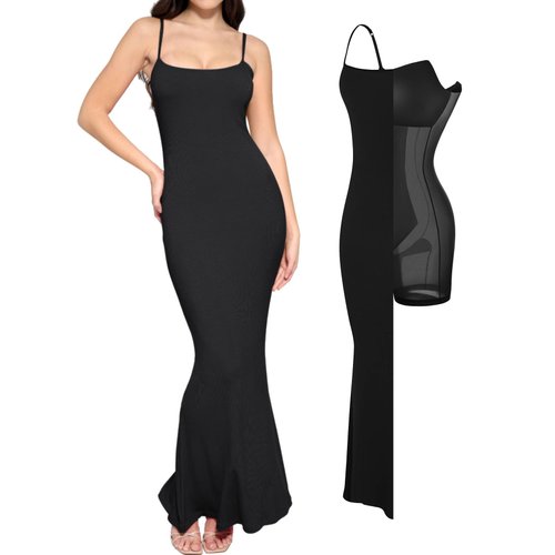 Popilush Shapewear Dress Womens Summer Long Dresses Built-in Bra Slip Bodycon Maxi Dress with Adjustable Straps Black