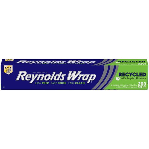 Reynolds Wrap Recycled Aluminum Foil, Recycled Foil Roll, Made From 100% Recycled Materials, With Secure Easy Open and Close Tab, 200 Sq. Ft.