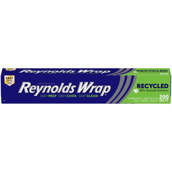 Reynolds Wrap Recycled Aluminum Foil, Recycled Foil Roll, Made From 100% Recycled Materials, With Secure Easy Open and Close Tab, 200 Sq. Ft.