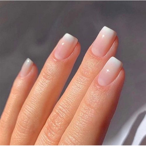 RikView French Tip Press on Nails Short Fake Nails Square Acrylic Nails with Gradient Design Nude Press on Nails (Short Square French)
