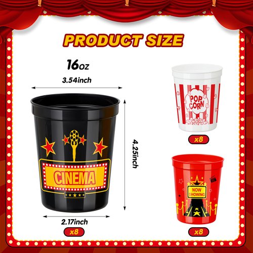 Domensi 24 Pcs Movie Night Cups 16oz Party Favors Supplies Reusable Stadium Cups Plastic Cups for Movie Night Theme Party Birthday Gift Decorations