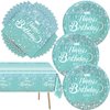 41pcs Teal and Silver Party Supplies ,include 20 Plates, 20 Napkin and 1pcs Tablecloth,Used for Blue Glitter Birthday Party Decoration (blue-green)