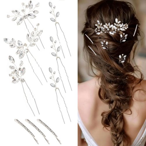 Yandino 9 Pieces Hair Accessories for Women Pearl Crystal Bridal Hair Pins Rhinestone Flower Wedding Hairpiece Vintage Party Hair Jewelry for Bride Bridesmaids Girls