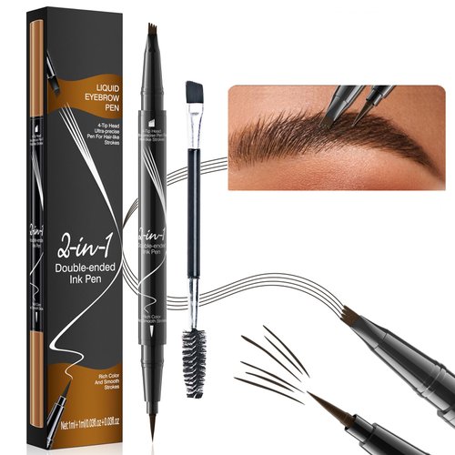 Microblading Eyebrow Pen Brow Pencil Waterproof Eyebrow Pen 2-in-1 Dual-Ended Eyebrow Pencil with 4-Fork Tip & Precise Brush-Tip for Long-Lasting Hairlike Eyebrow Pen, Dark Brown