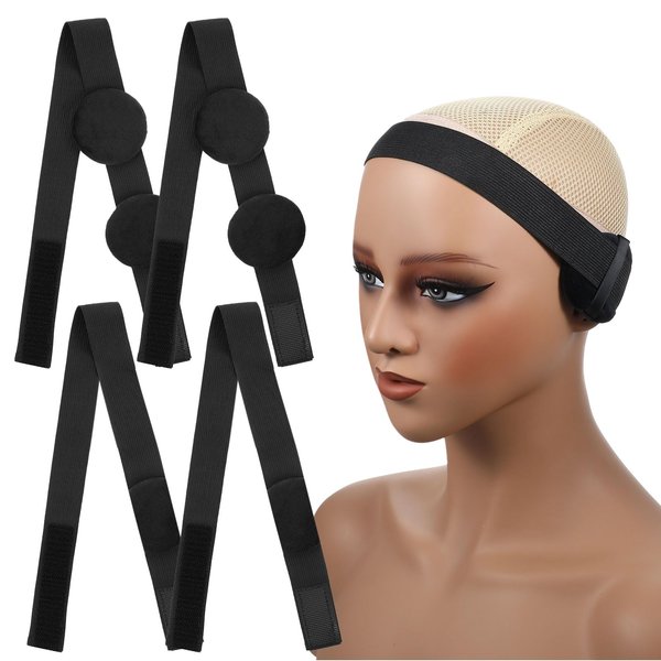 Xinjoduz 4 PCS Elastic Bands for Wig, 22.8"× 1.18" Black Adjustable Lace Melting Band with Ear Covers Wig Elastic Headband Lace Front Wig Band for Lace Front and Frontal Edge Control for Women Hair