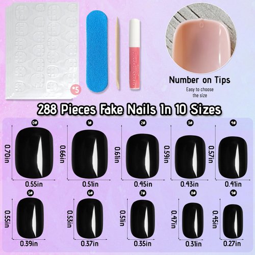 LoveOurHome 240PC Square Press on Nails Short Fake Nail, Short Press on Nails Square Black Glue on Nails Full Cover Artificial Fingernail Girls Kids XS Acrylic Nail Press Nail with Adhesive Tabs