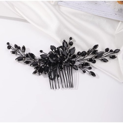 Missgrace Women's Handmade Gothic Black Full Rhinestones Side Hair Comb for Prom Party Special Occasion Punk Headpiece (Black, 17 cm x 7 cm)