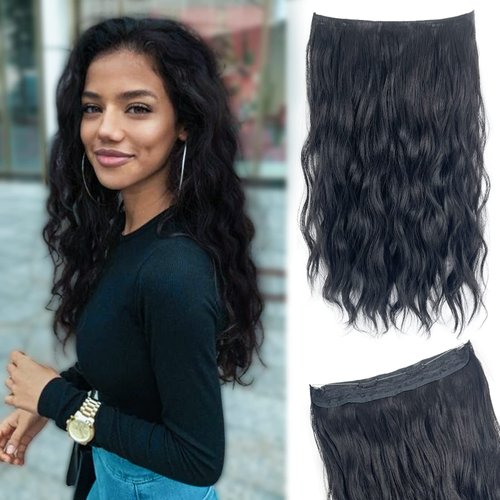 ASKUANG Halo Hair Extensions for Women Wavy Curly Hair Extensions Invisible Wire Adjustable Size Removable Secure Clip in Extensions (Black)
