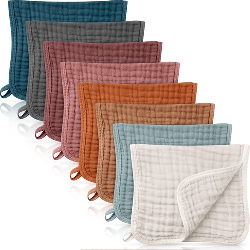 Remagr 8 Packs Muslin Burp Cloths 6 Layers Unisex Baby Items Absorbent Rags Colorful Washcloths for Plain Soft Cotton Cloth Babies Girls Boys, 10 x 20 Inch (Vintage Colors)