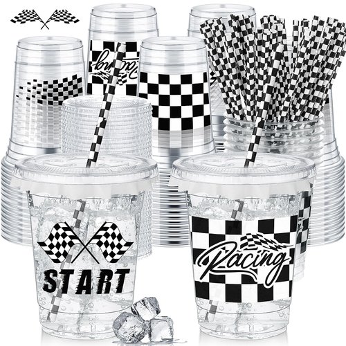 FoldTier 50 Pcs Plastic Cups for Kids 12 oz Disposable Cups with Straws and Lids Clear Cup Birthday Party Supplies for Kids Birthday Table Decorations Party Favor