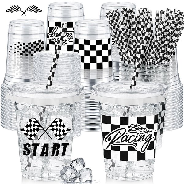 FoldTier 50 Pcs Plastic Cups for Kids 12 oz Disposable Cups with Straws and Lids Clear Cup Birthday Party Supplies for Kids Birthday Table Decorations Party Favor