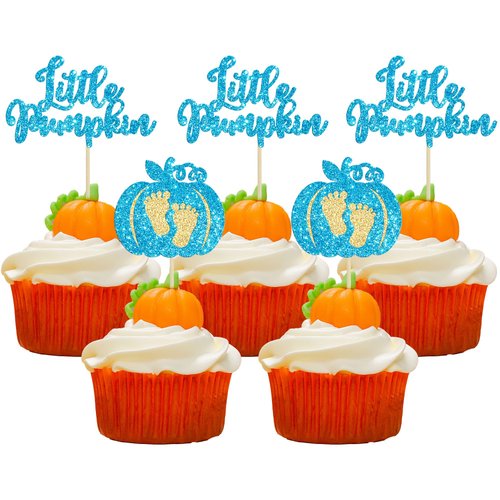 24Pcs Little Pumpkin Cupcake Toppers Glitter Pumpkin Cupcake Picks Little Pumpkin Boy Baby Shower Decorations Fall Harvest Theme Baby Shower Kids Birthday Party Supplies Blue