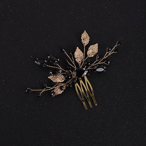 YERTTER Wedding Black Crystal Leaf Bridal Hair Comb Clip Leaves Wedding Hair Accessories for Bride Bridesmaid Flower Girls (Black and Gold)