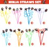 24 Ninja Drinking Crazy Straws for Kids | Ninja Themed Warrior Birthday Party Supplies Favors Decorations with 24 PVC Charm, 2 Cleaning Brushes Reusable Straw