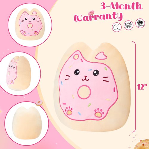 CozyWorld 12" Sprinkle Donut Plush Pillow, Pink Cat Plush Kitten Stuffed Animal Squishy Plush Toy Cat Throw Pillow Donut Party Supplies Decorations for Kids Girls