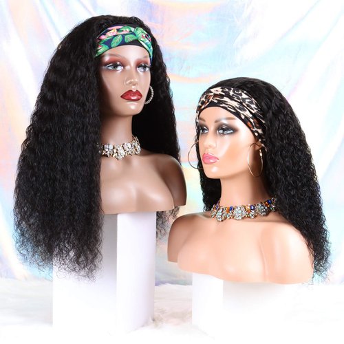 Headband Wig Human Hair Wigs for Black Women - Brazilian Virgin Hair Wig Headband - Glueless None Lace Front Wigs Human Hair 150% Density Natural Black (16 Inch, Water Wave Headband Wig)