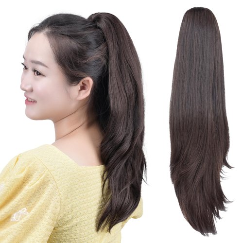 HSPCYGG Dark Brown Ponytail Synthetic Claw Clip Pony tail Hair Extensions 18&quot; Straight 4.2 Oz Fak...
