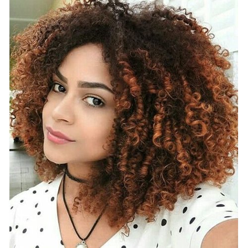 KEAT Short Afro Curly Wigs for Black Women, Ombre Brown Kinky Curly Fluffy Hair Wig with Bangs, Cute Fashion Natural Looking Heat Resistant Full Synthetic Wig for Daily Party K012BR