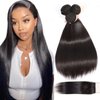 BLACKMOON HAIR Brazilian Virgin Straight Hair 3 Bundles With Free Part Lace Closure Unprocessed Virgin Human Hair Extensions Hair Weave Natural Black Color (12 14 16 + 10 Inch Closure)