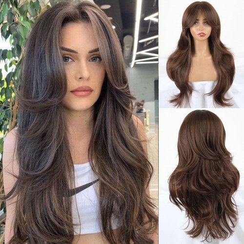 Mayoud Layered Wig With Curtain Bangs For Women Dark Brown Long Multi-Layered Wig Straight Wavy Hair Wig Natural Looking Synthetic Heat Resistant Wigs for Daily Party Use (26Inch, Dark Brown#)