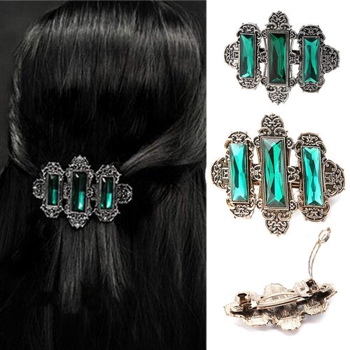 2PCS Women Lady Handmade Natural Crystal Hair Barrettes Metal Hair Pins French Styles Hair Barrettes Hair Clips Hair Accessory (Green)