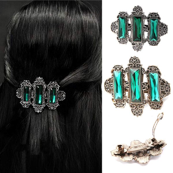 2PCS Women Lady Handmade Natural Crystal Hair Barrettes Metal Hair Pins French Styles Hair Barrettes Hair Clips Hair Accessory (Green)