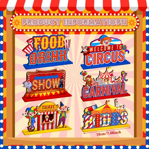 Quzzil 6 Pcs Circus Carnival Party Decorations Carnival Centerpieces for Tables Circus Theme Party Decorations Wooden Carnival Centerpieces for Cake Toppers Birthday Party Favors Supplies