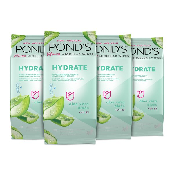 POND'S Vitamin Micellar Makeup Remover Wipes for Dry Skin, Skin Care Hydrating Aloe Vera Daily Face Wipes Remove Dirt, Waterproof Makeup, 25 Count, 4 Pack