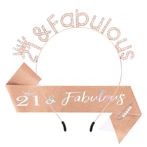Araluky Happy 21st Birthday Decorations for Her with 21st Birthday Sash and Crown, Rhinestone 21 Fabulous Birthday Headband 21st Birthday Crown and Sash 21st Birthday Gifts for Her Set