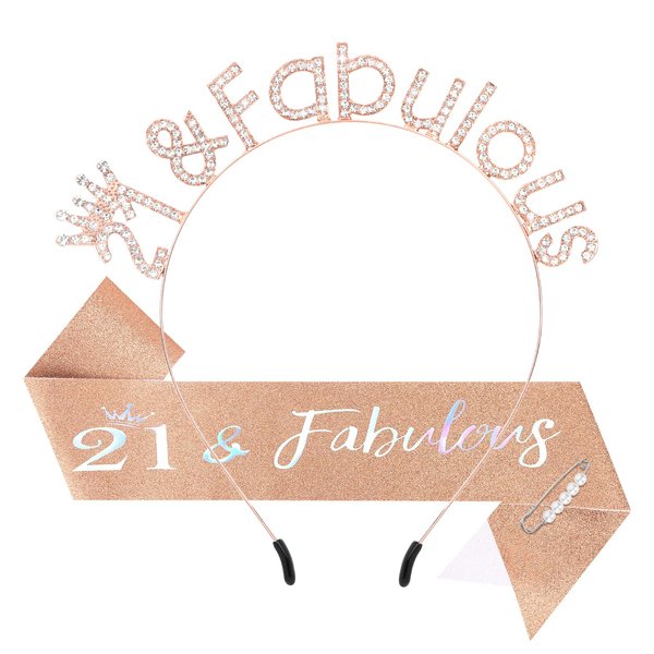 Araluky Happy 21st Birthday Decorations for Her with 21st Birthday Sash and Crown, Rhinestone 21 Fabulous Birthday Headband 21st Birthday Crown and Sash 21st Birthday Gifts for Her Set