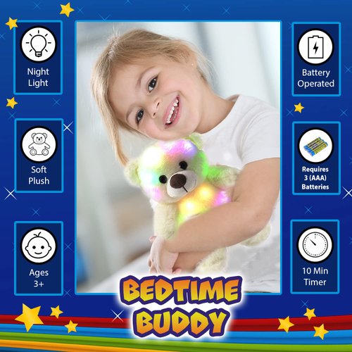The Noodley LED Light Up Stuffed Animal Sleep Toy Kids Plush Soft Night Light Boys Girls - Small White 12 inch