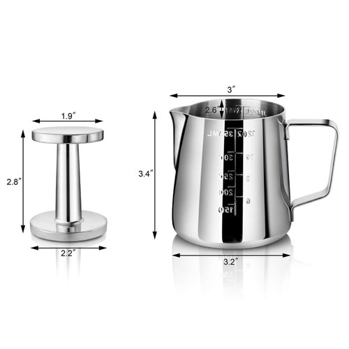 New Star Foodservice 28829 Commercial Grade Stainless Steel 18/8 12 oz Frothing Pitcher and Die Cast Aluminum Tamper Combo Set, Silver
