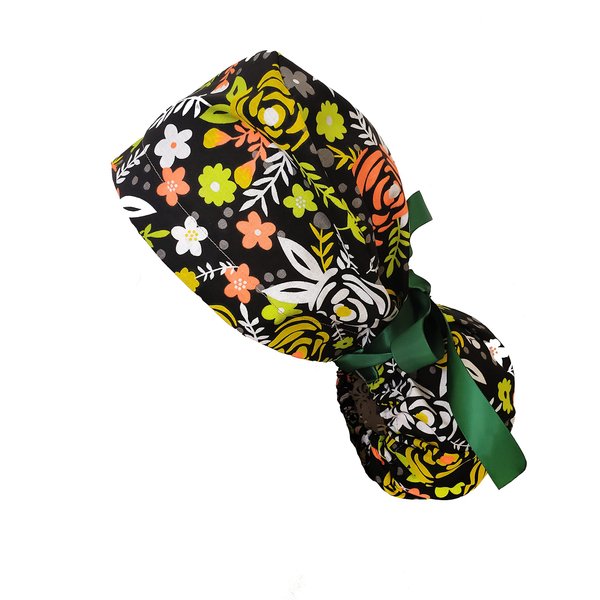 Ponytail Long Hair Covers for Women - Colorful Adjustable Scrub Caps - Cotton Scrubs to Cover Head - Made in USA (Yellow, Orange, and White Flowers on Black Scrub)